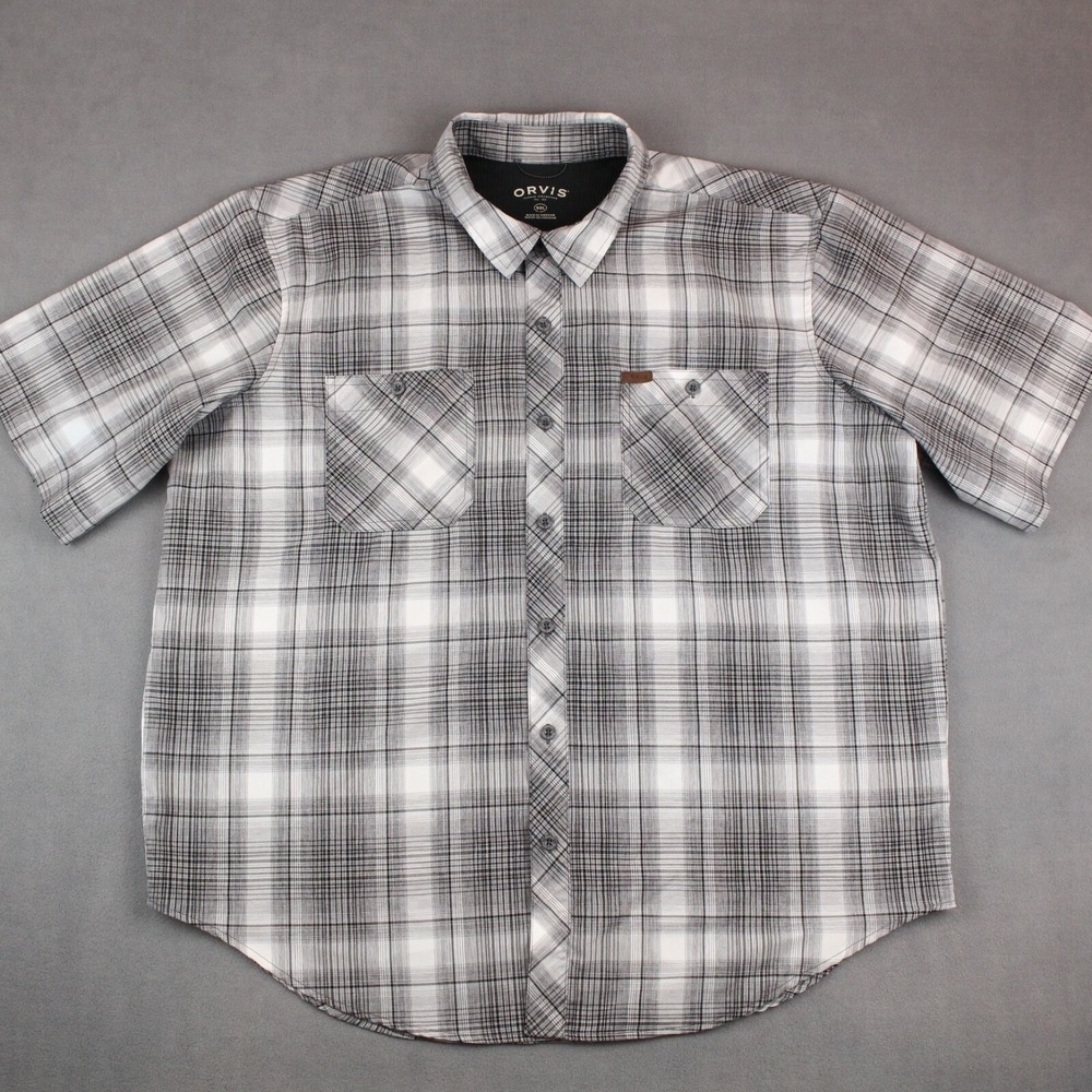 Orvis Tech Shirt Men XXL Grey Plaid Short Sleeve Button Up Pockets Performance